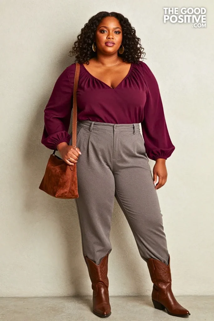 Deep Plum Poet Blouse with Mushroom Palazzo Pants