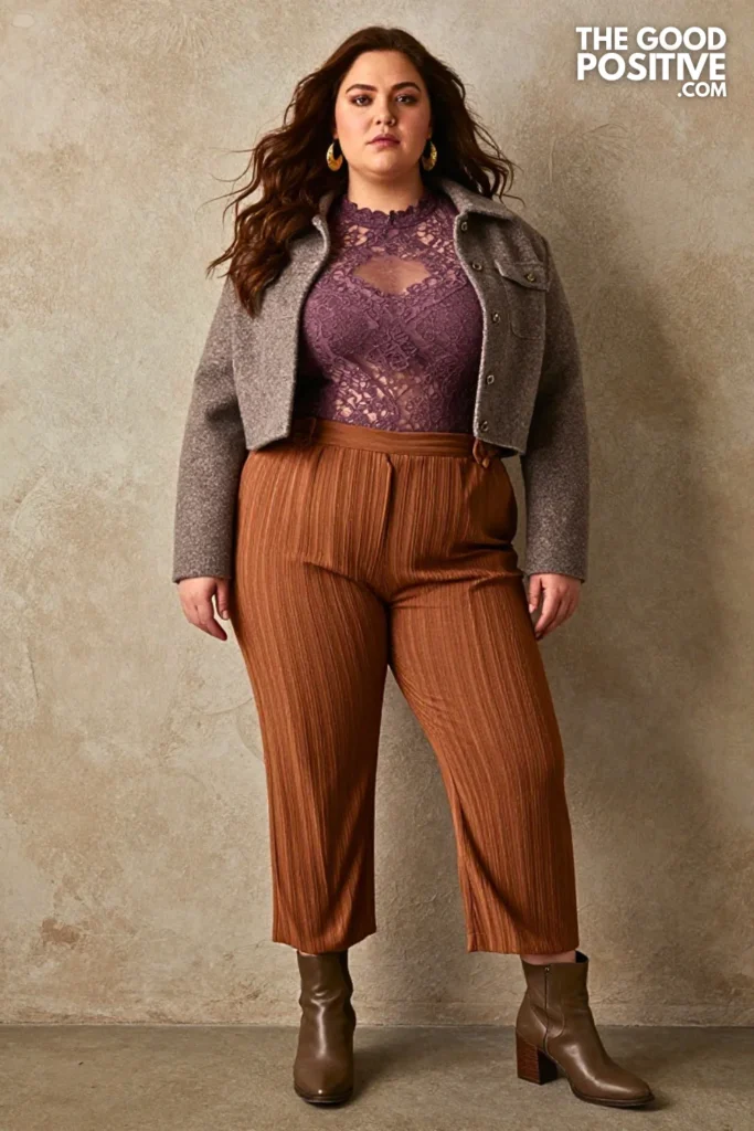 Dusty Plum Lace Blouse with Bronze Pleated Pants