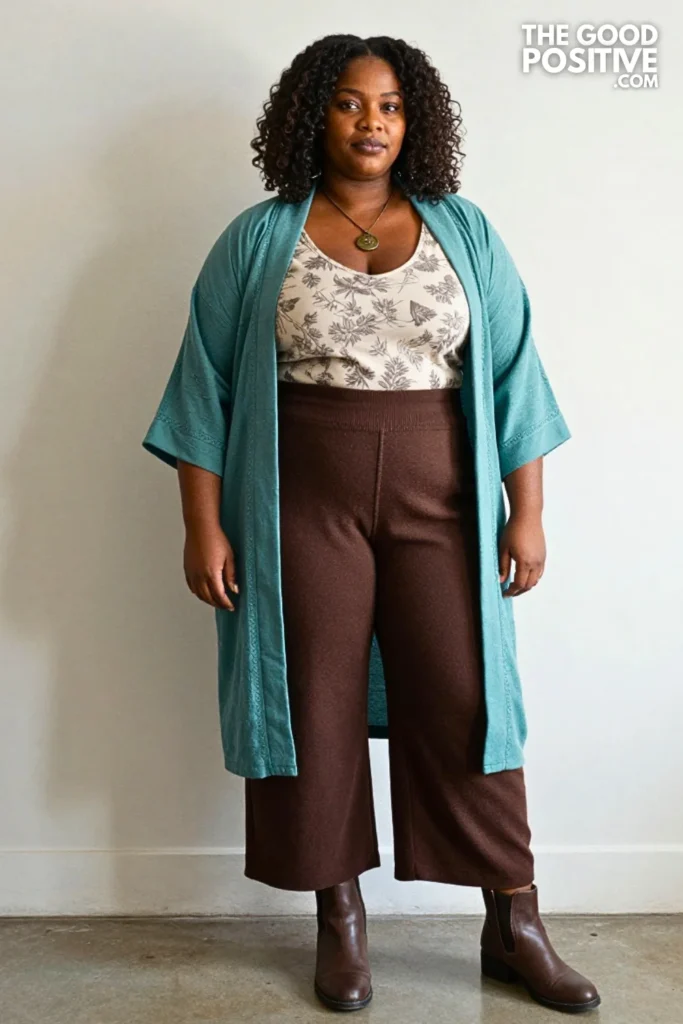 Dusty Teal Kimono Jacket with Chocolate Knit Trousers