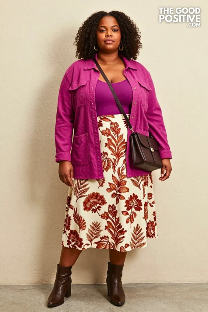 Faded Aubergine Shacket with Floral Midi Skirt
