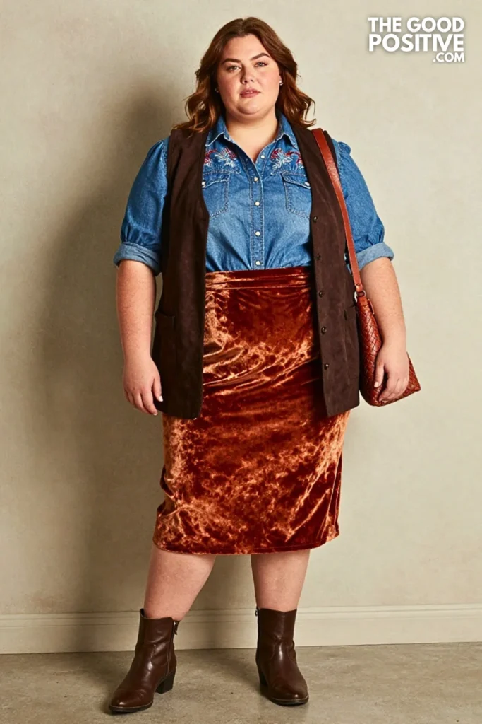 Faded Denim Prairie Shirt with Copper Velvet Skirt