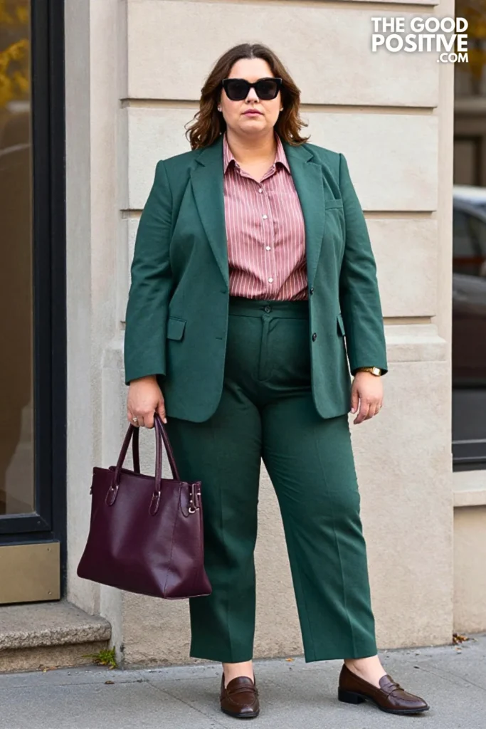 Forest-Green Trouser Suit, Dusty-Rose Stripe Shirt & Plum Tote