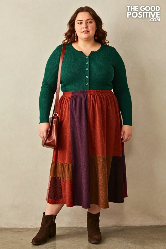 Forest Henley with Rust Patchwork Maxi Skirt