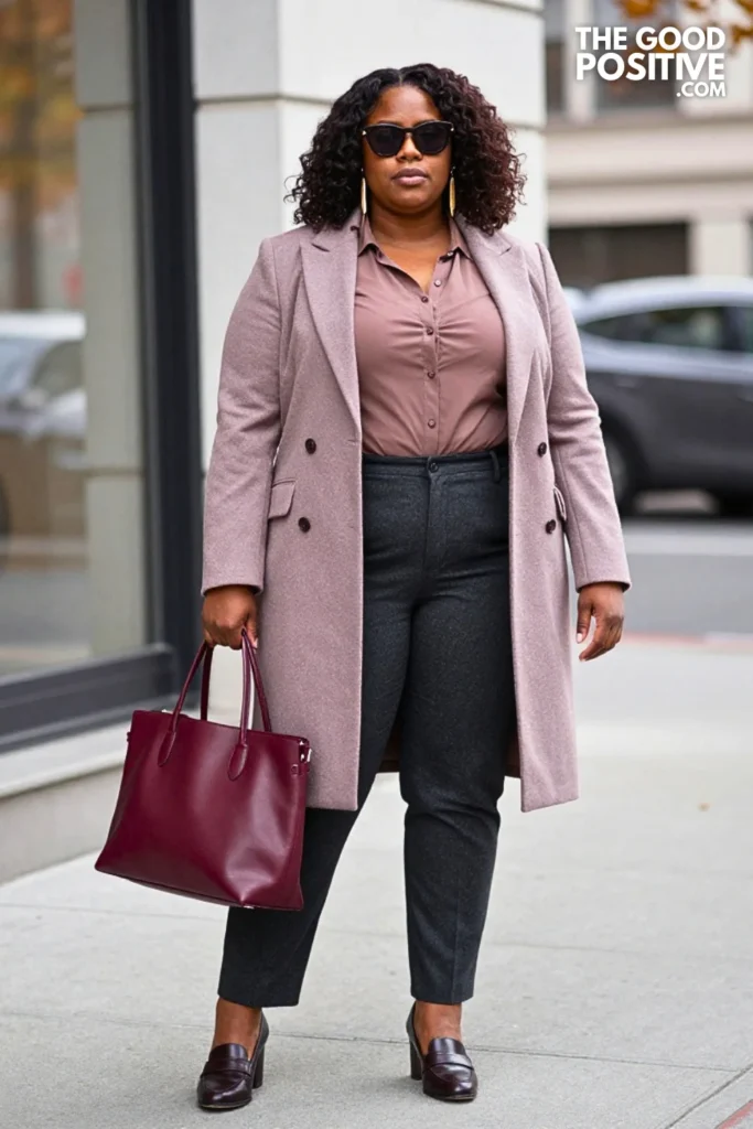 Heather-Plum Suit Vest, Rust Blouse & Charcoal Trousers