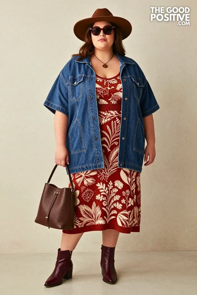 Indigo Denim Poncho with Botanical Knit Dress