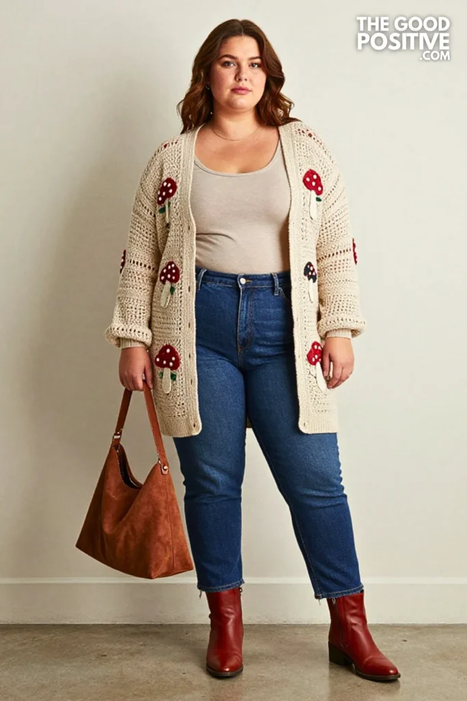 Mushroom Crochet Cardigan with Ink Denim and Rust Boots