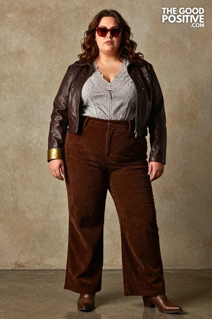 Mushroom Lace Blouse with Chocolate Corduroy Trousers
