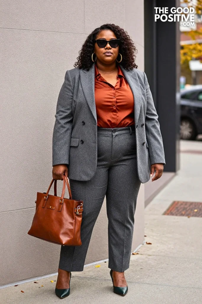 Mushroom Suiting, Burnt-Sienna Blouse & Forest Accessories