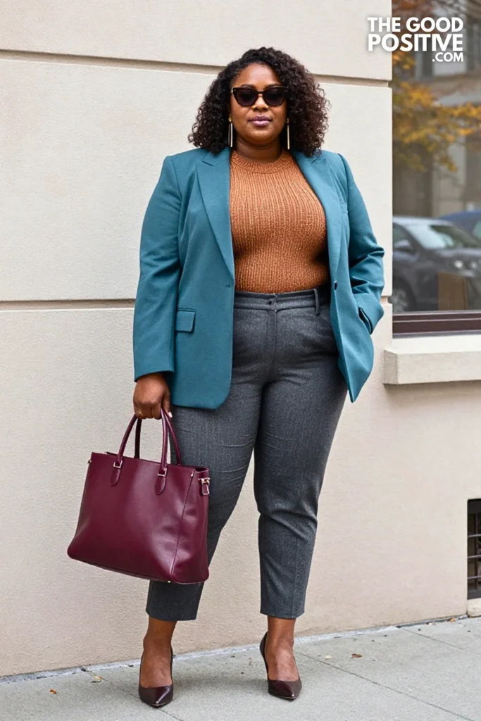 Muted Teal Blazer, Copper Shell & Graphite Culottes