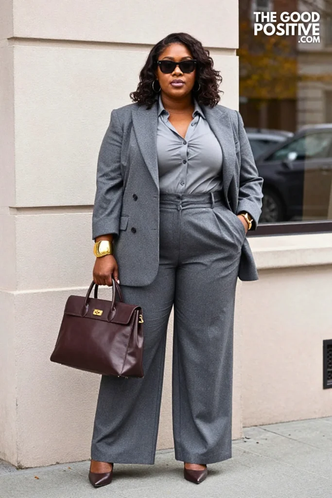 Oxblood Pleated Trousers, Mushroom Blouse & Slate Blazer