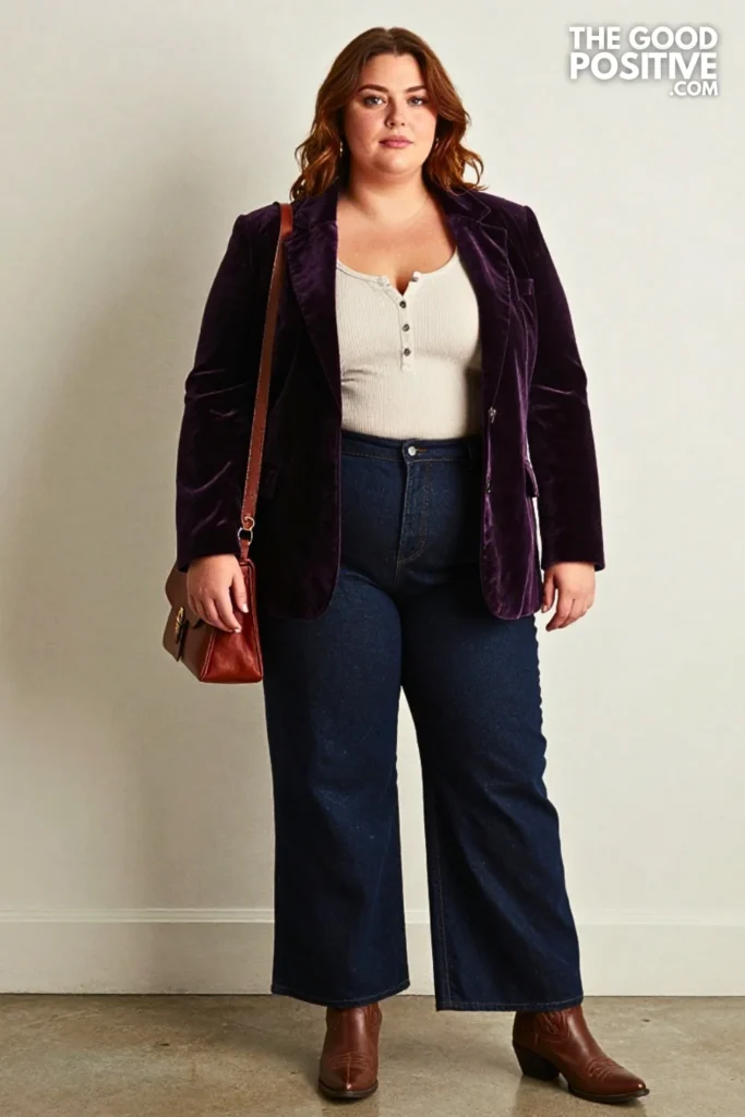Plum Velvet Blazer with Embroidered Wide-Leg Jeans
