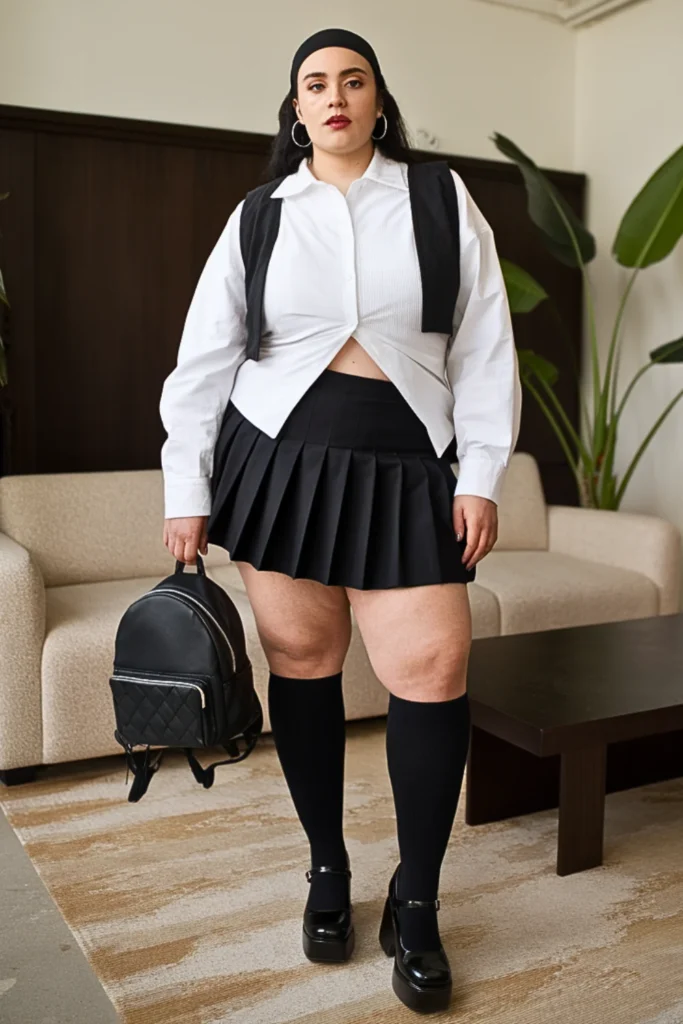 Plus Size 90s Button Up Skort Knee Highs Fall Outfit