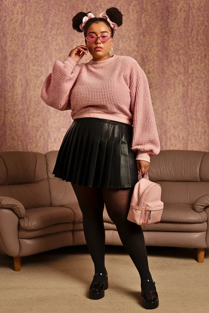 Plus Size 90s Chenille Sweater Pleated Skirt Fall Outfit