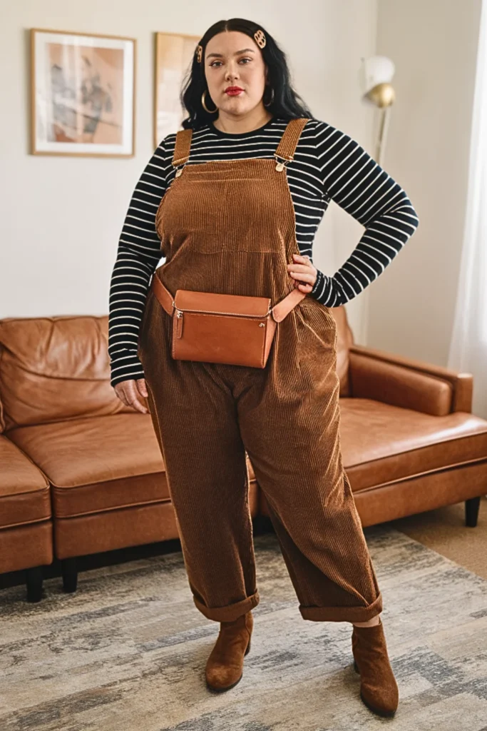 Plus Size 90s Corduroy Overall Striped Shirt Fall Outfit