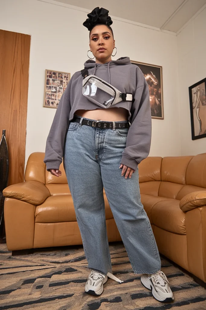 Plus Size 90s Cropped Hoodie High Waisted Jeans Fall Outfit