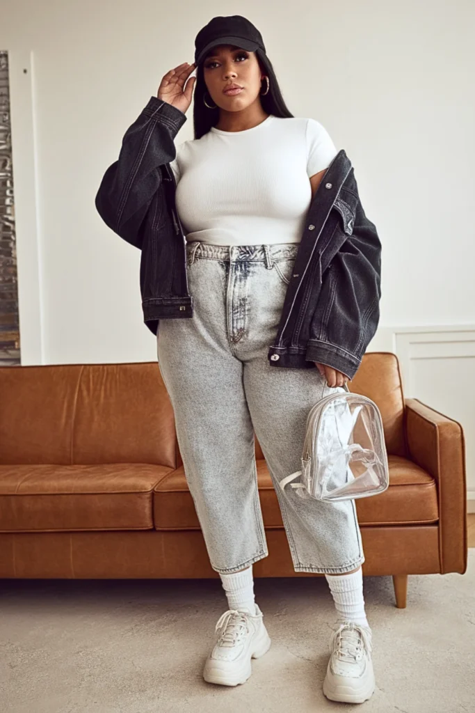 Plus Size 90s Denim Jacket Baby Tee Fall Outfit