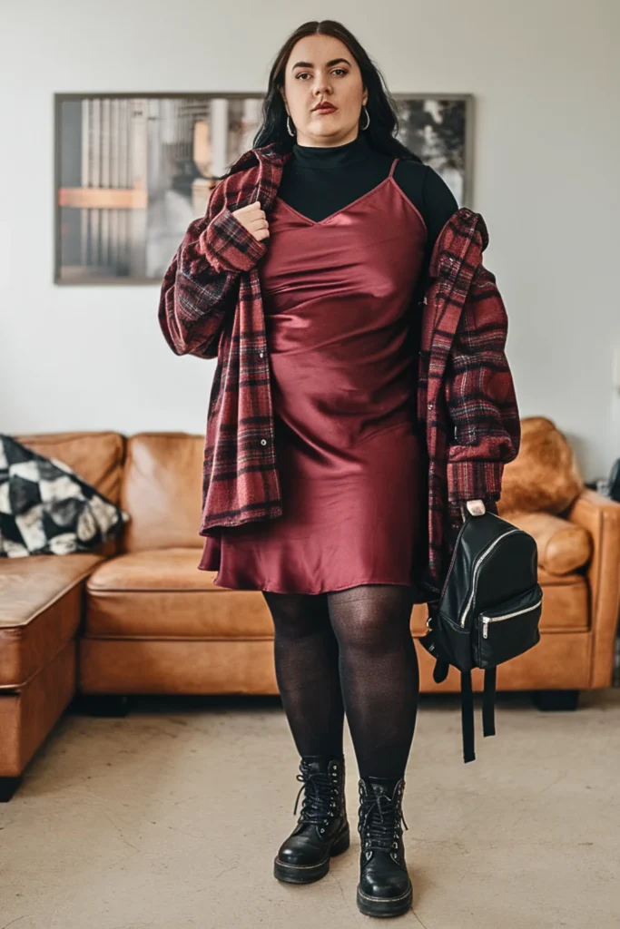 Plus Size 90s Grunge Flannel Slip Dress Fall Outfit