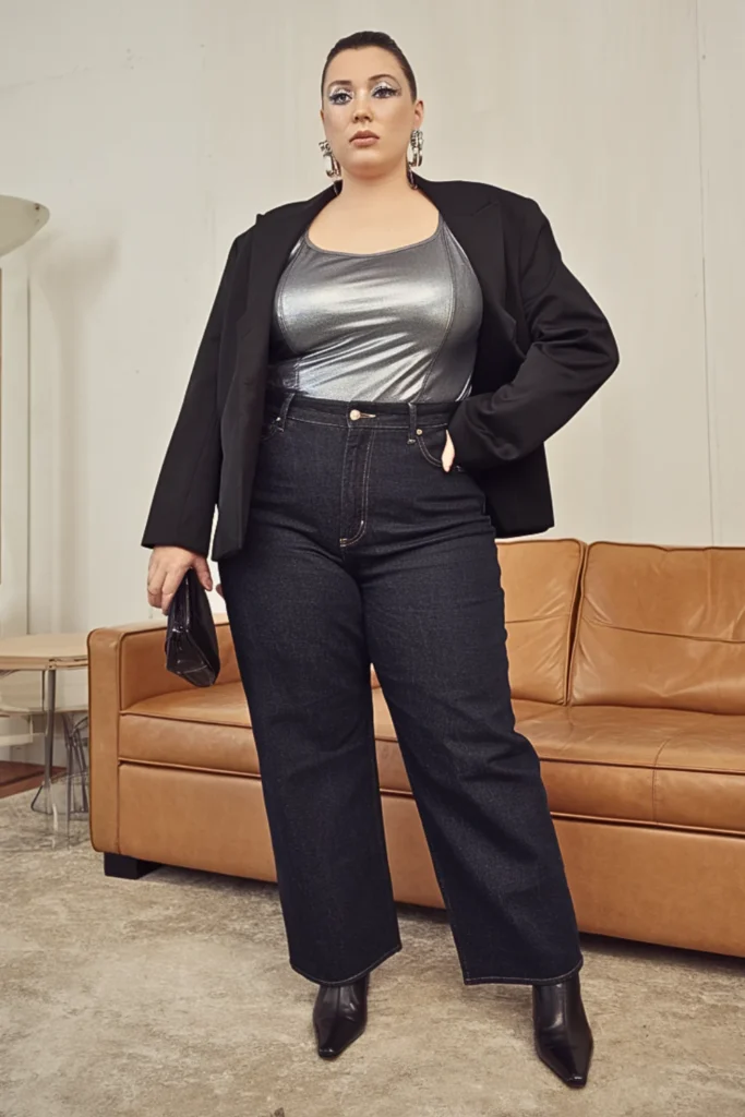 Plus Size 90s Metallic Top Straight Leg Jeans Fall Outfit