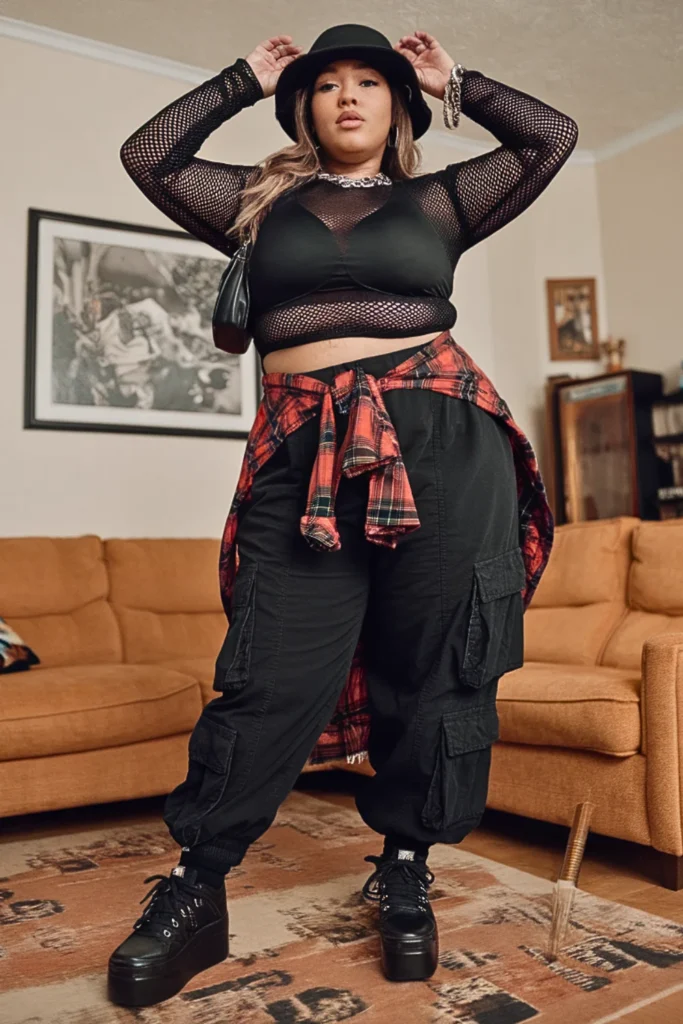 Plus Size 90s Plaid Shirt Mesh Top Fall Outfit