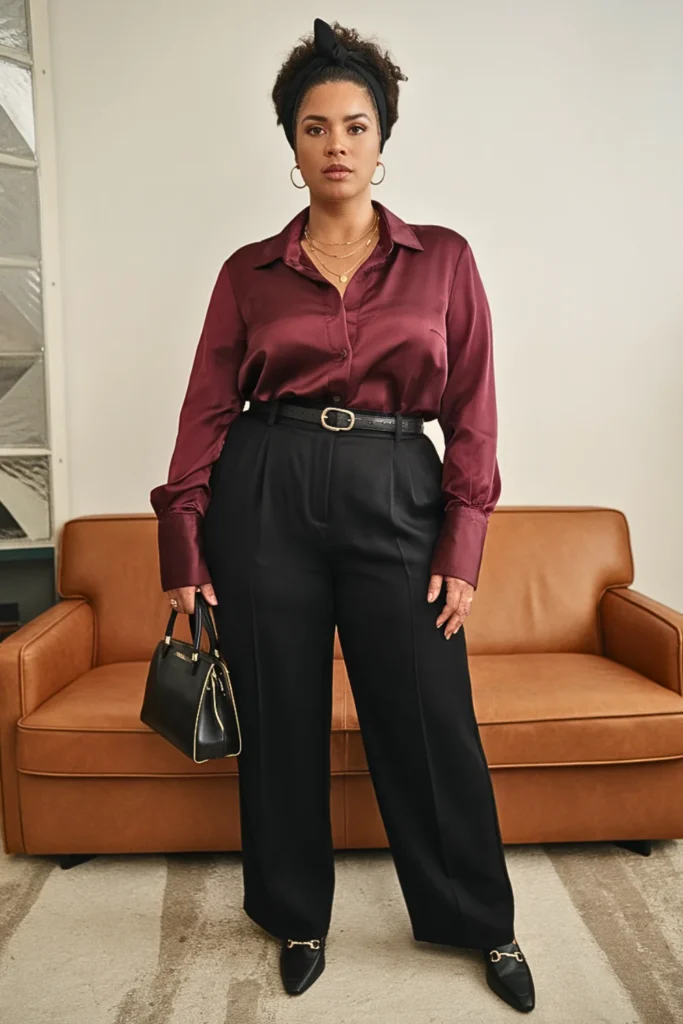 Plus Size 90s Satin Blouse Straight Leg Trousers Fall Outfit