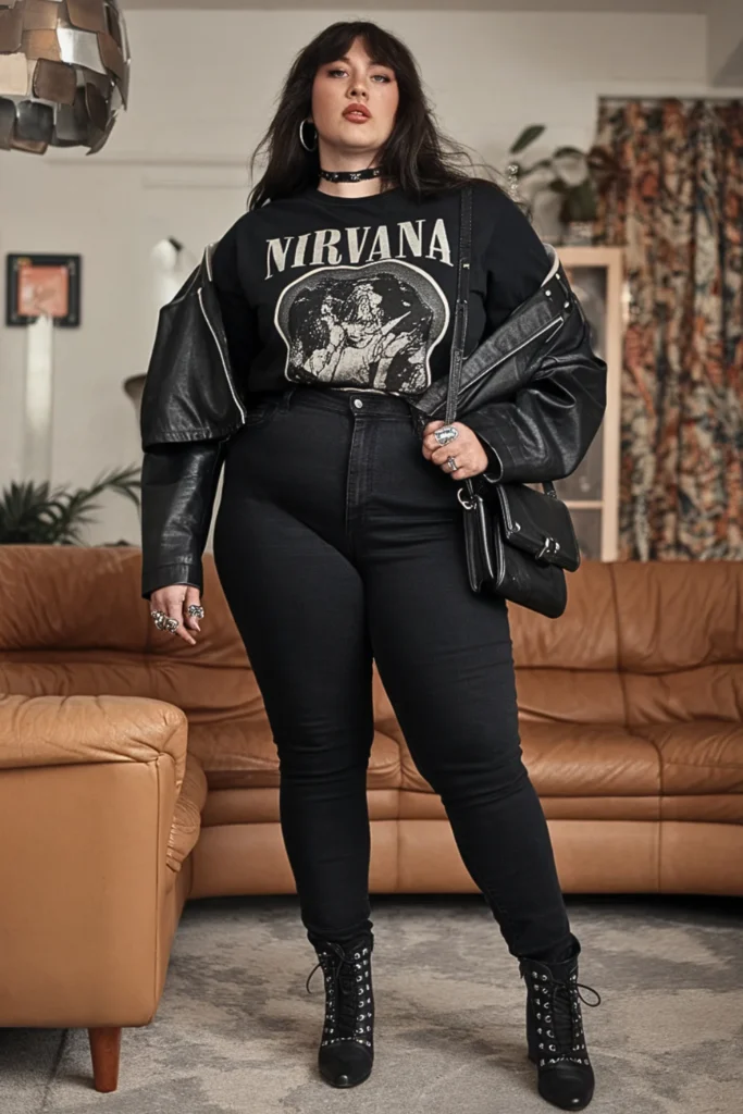 Plus Size 90s Vintage Band Tee Leather Jacket Fall Outfit