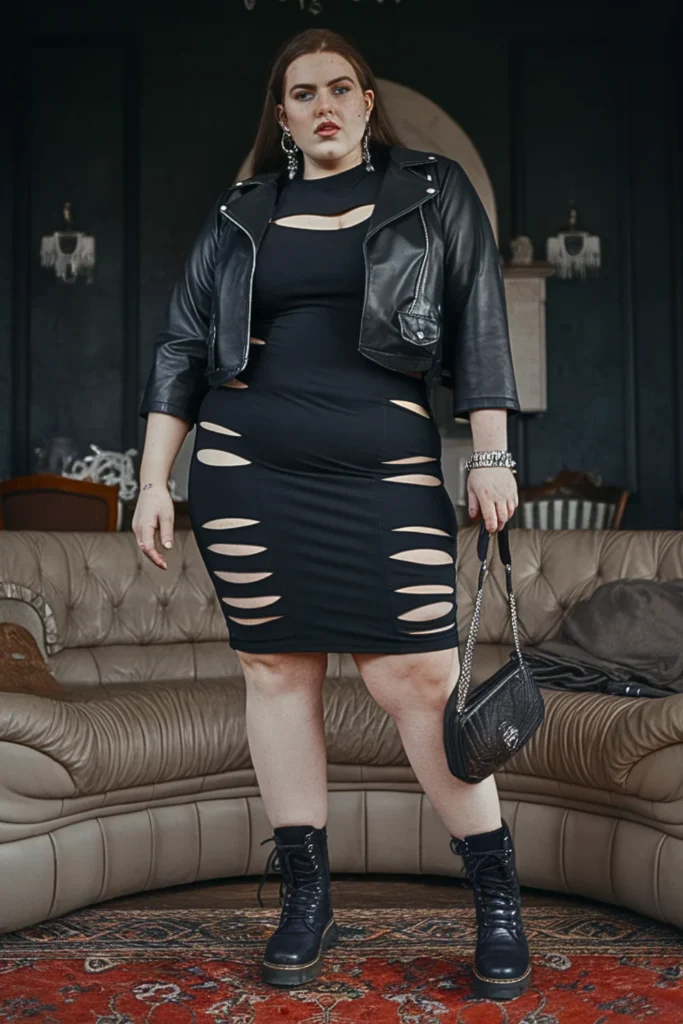 Plus Size Alternative Cutout Dress and Moto Jacket Fall Outfit