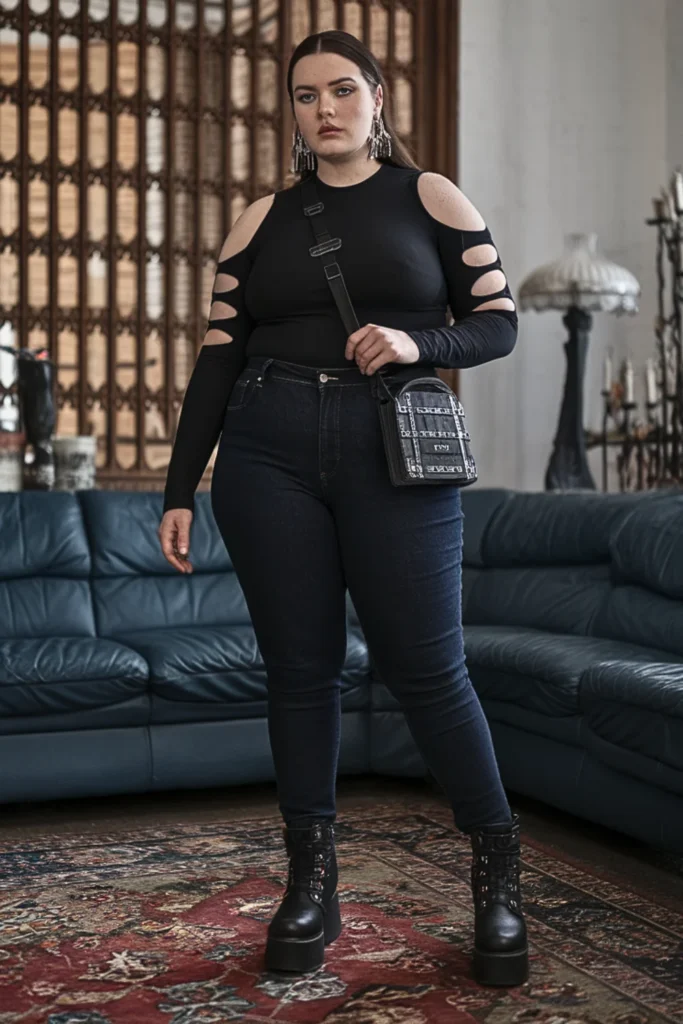 Plus Size Alternative Cutout Top and High-Waisted Jeans Fall Outfit
