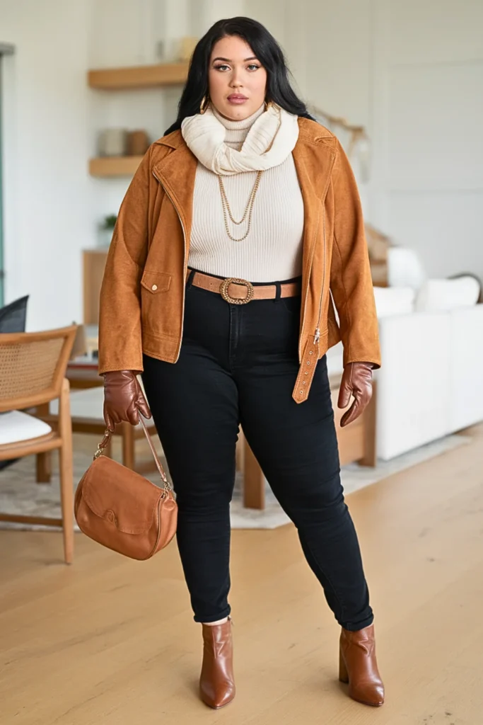 Plus Size Autumn Cognac Suede Jacket Autumn Outfit