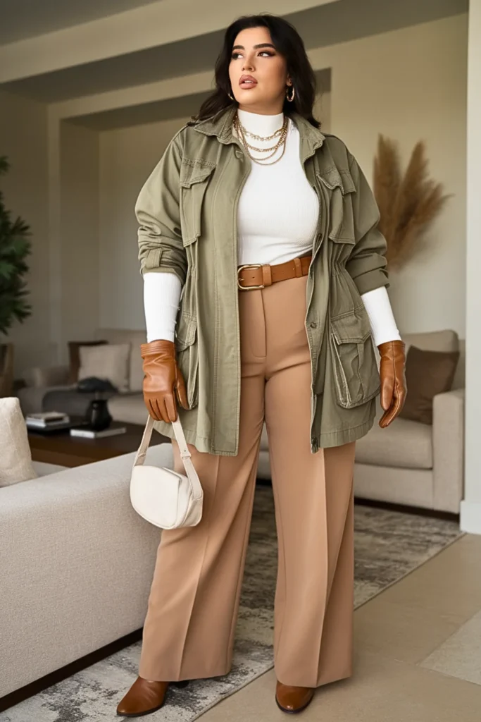 Plus Size Autumn Olive Green Utility Jacket Autumn Outfit