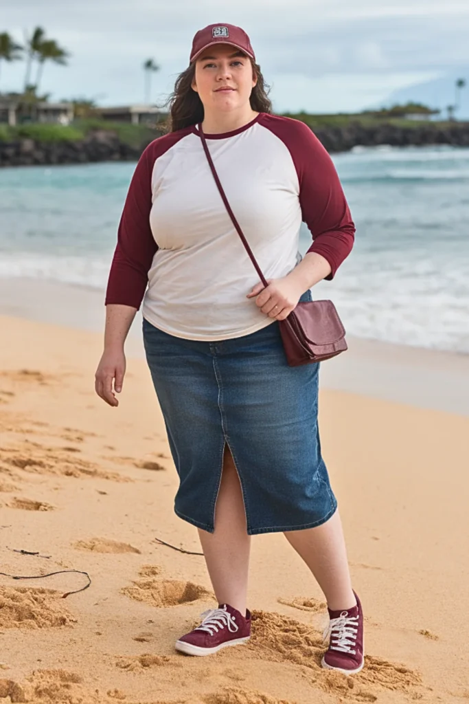 Plus Size Baseball Tee with Denim Skirt Fall Outfit