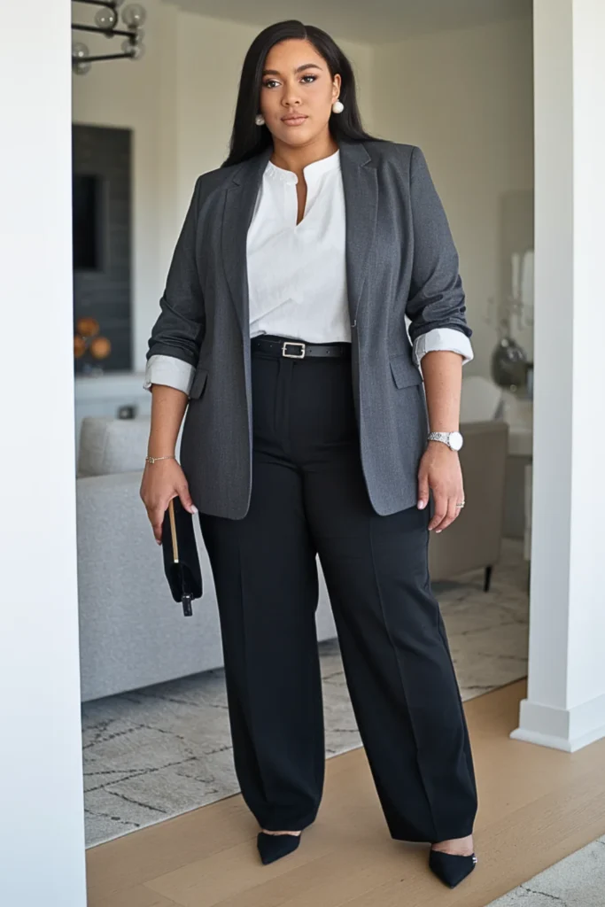 Plus Size Basic Blazer and Straight Pants Fall Outfit