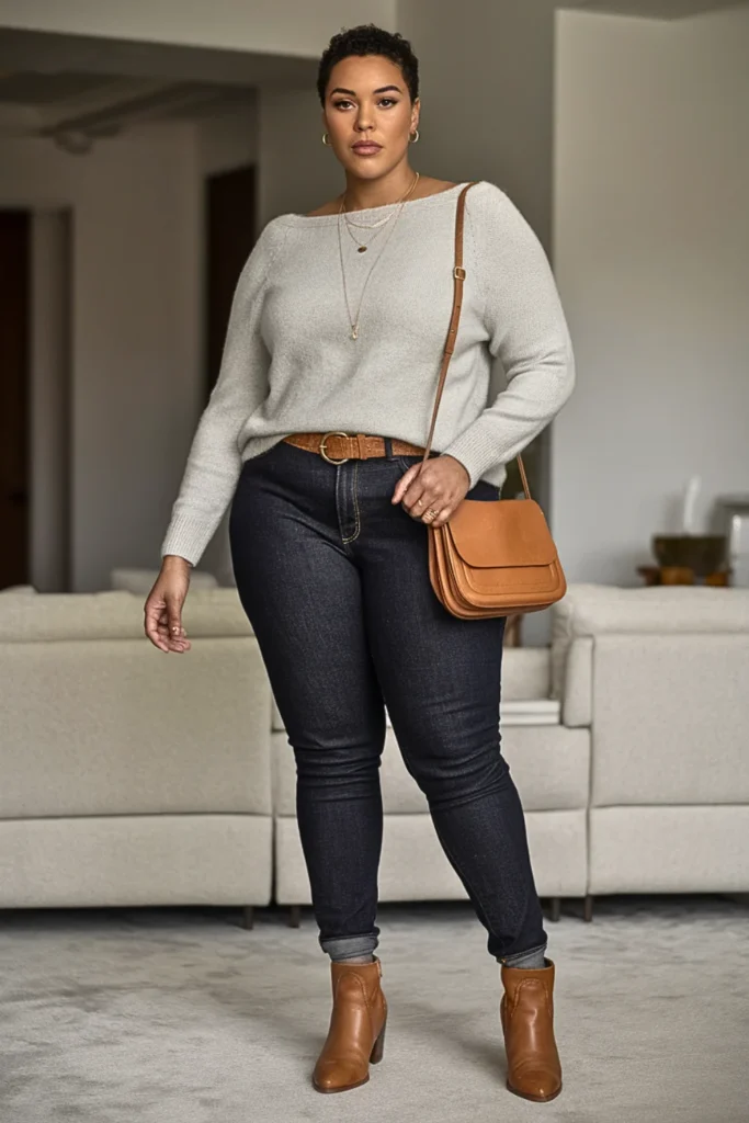 Plus Size Basic Boat Neck and Skinny Jeans Fall Outfit
