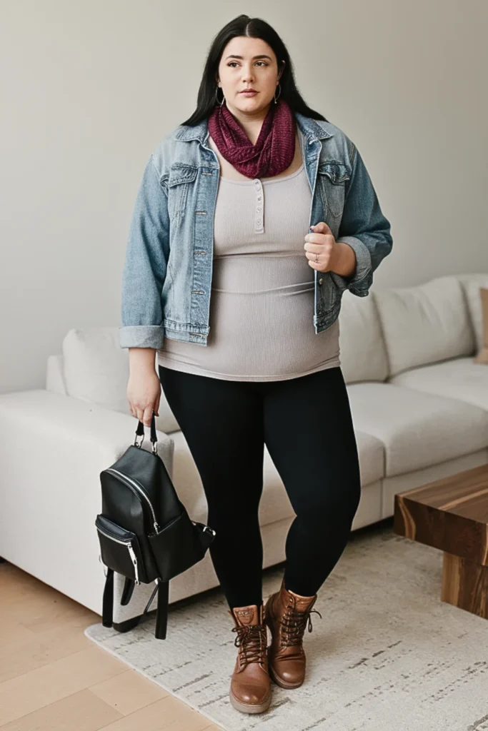 Plus Size Basic Henley and Denim Jacket Fall Outfit