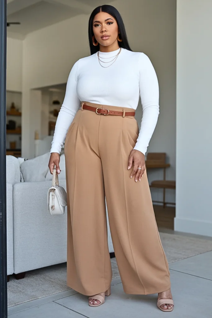 Plus Size Basic Long Sleeve Tee and Wide Leg Pants Fall Outfit