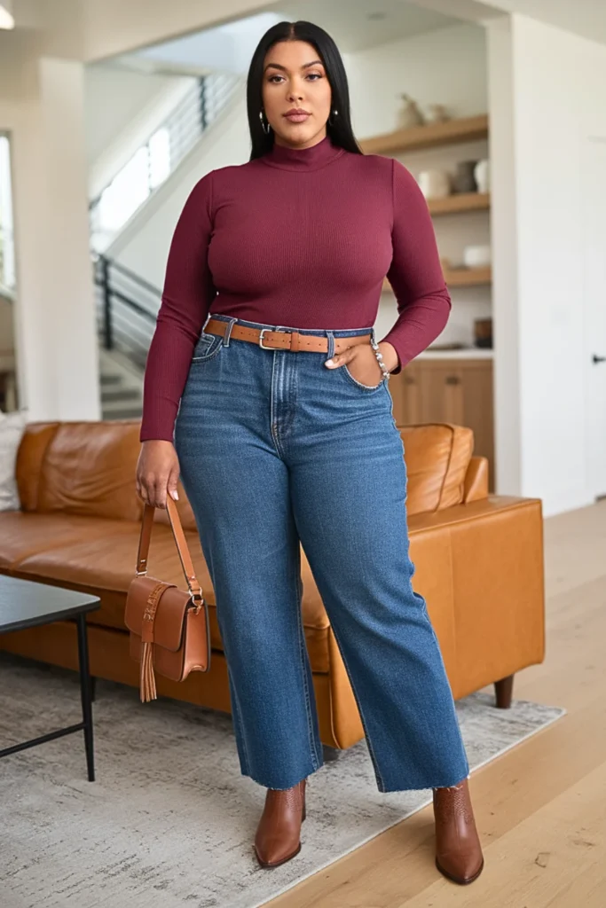 Plus Size Basic Mock Neck and Straight Jeans Fall Outfit