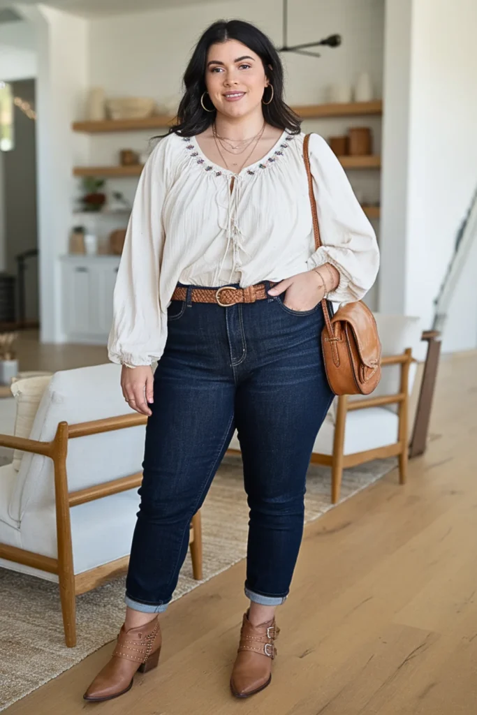 Plus Size Basic Peasant Top and Dark Jeans Fall Outfit