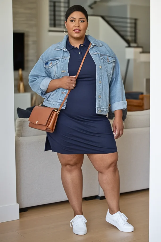 Plus Size Basic Polo Dress and Denim Jacket Fall Outfit