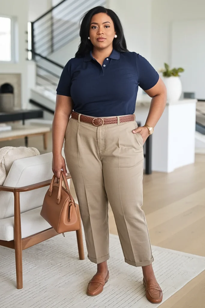 Plus Size Basic Polo Shirt and Chino Pants Fall Outfit