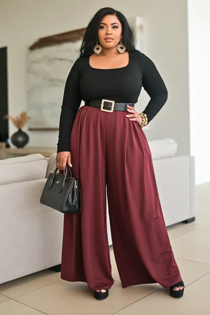 Plus Size Basic Scoop Neck and Palazzo Pants Fall Outfit