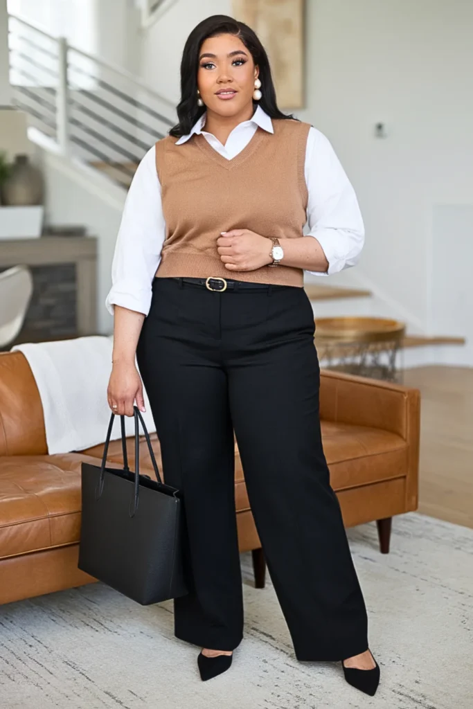Plus Size Basic Sweater Vest and Trousers Fall Outfit