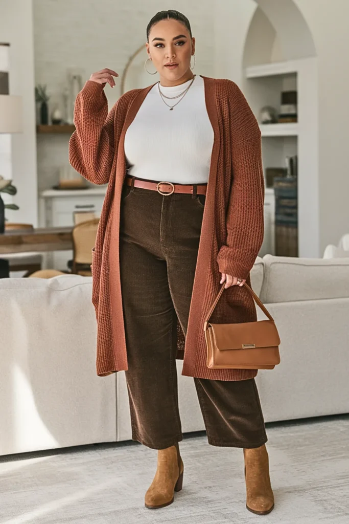 Plus Size Basic Thermal Shirt and Corduroy Pants Fall Outfit