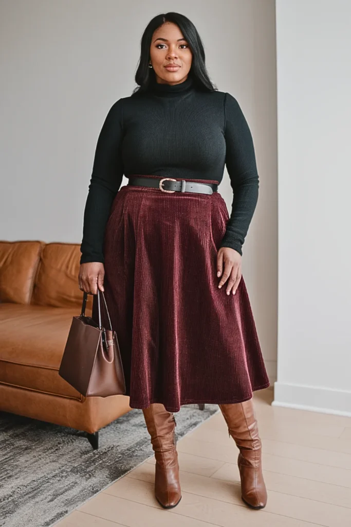 Plus Size Basic Turtleneck and Midi Skirt Fall Outfit
