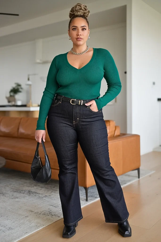 Plus Size Basic V-Neck and Bootcut Jeans Fall Outfit