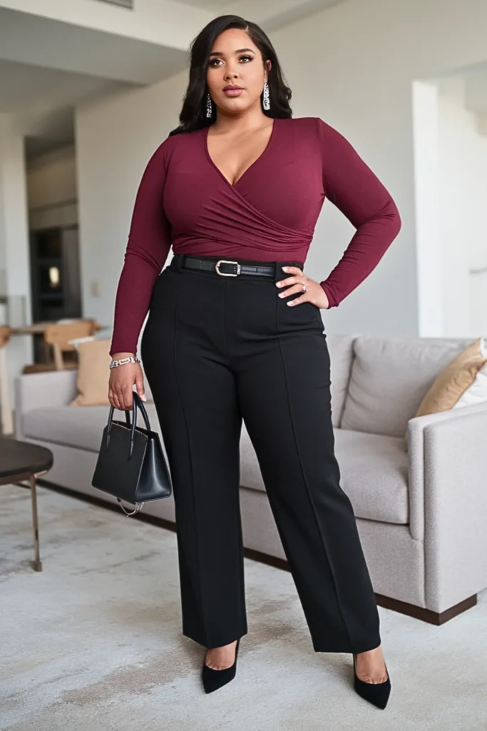 Plus Size Basic Wrap Front Top and Straight Pants Fall Outfit