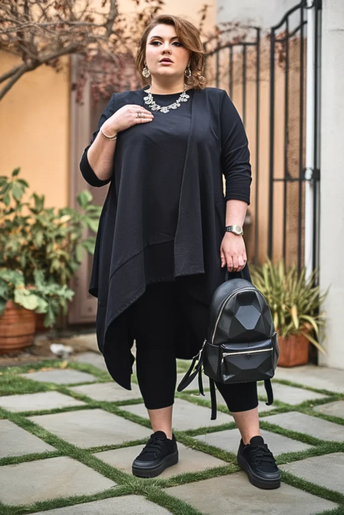 Plus Size Black Asymmetric Hem Artistic Fall Outfit