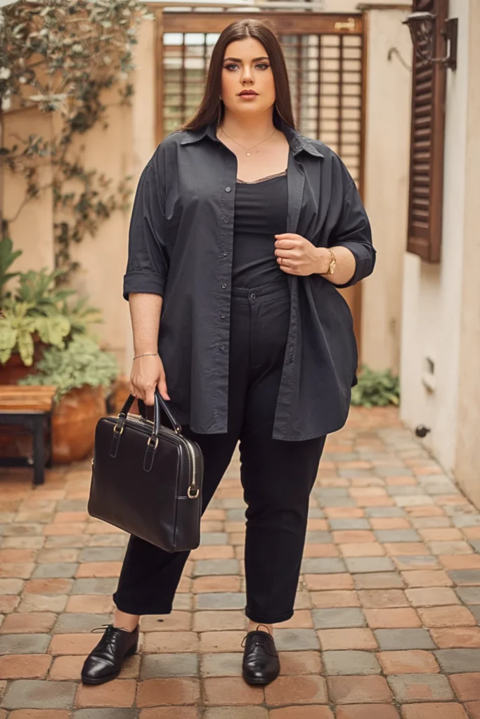 Plus Size Black Button-Down Corporate Casual Fall Outfit