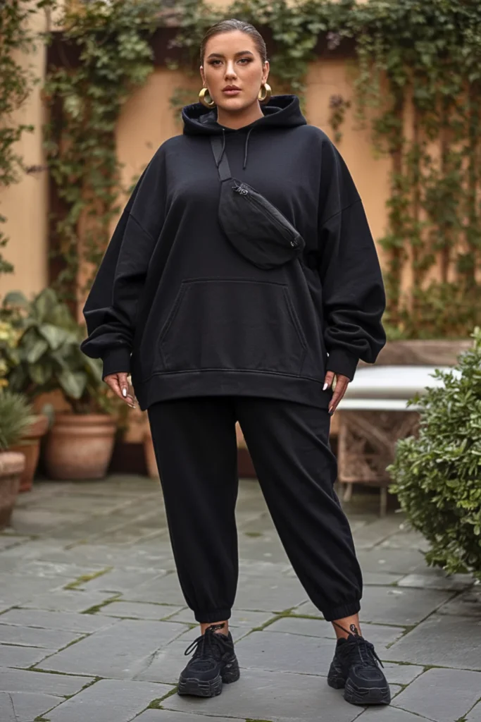 Plus Size Black Hoodie Streetwear Fall Outfit