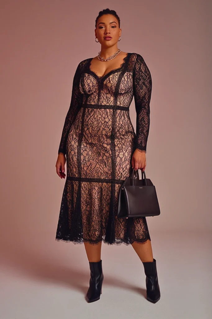 Plus Size Black Lace Long-Sleeve Wedding Guest Dress