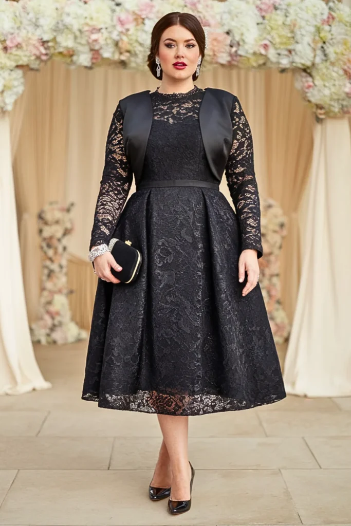 Plus Size Black Lace Overlay Wedding Guest Dress