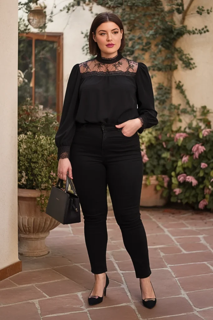 Plus Size Black Lace Trim Romantic Fall Outfit